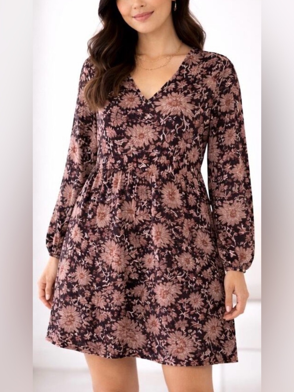Knox Rose Floral Boho Babydoll Dress | Black Mauve Boho Long Sleeve Size M